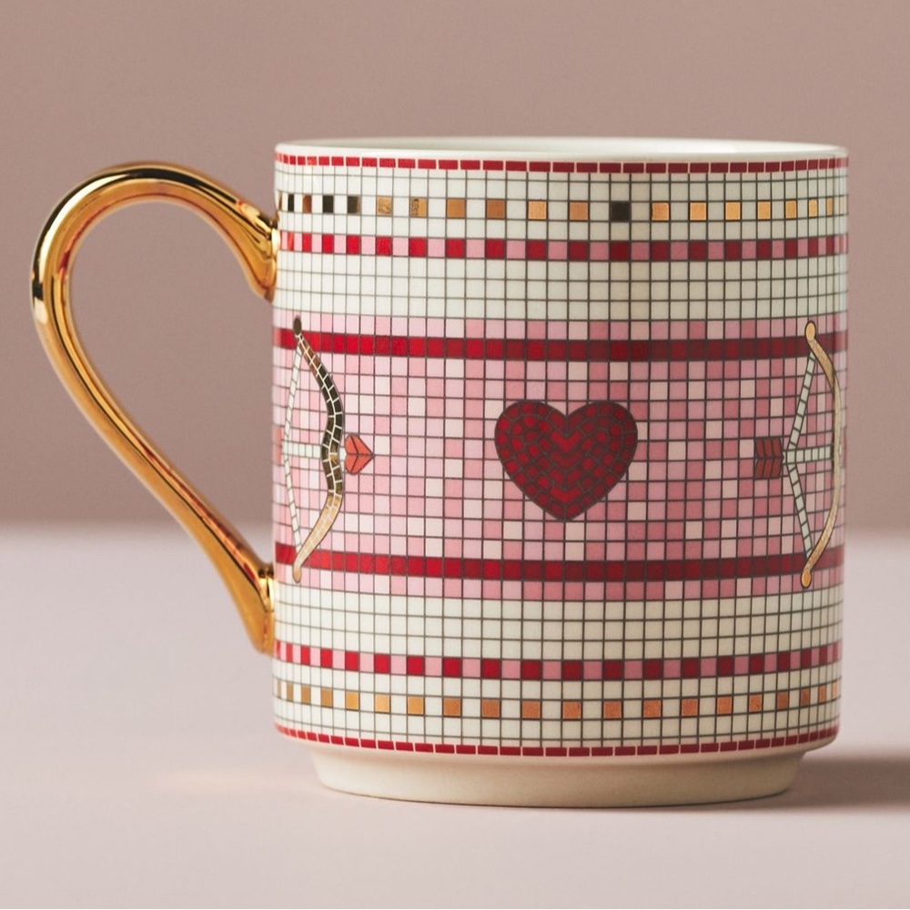 Anthropologie Bow and Arrow The Bistro Tile Stoneware Mug Valentine's Edition